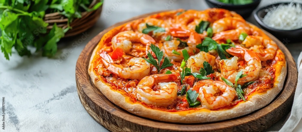 Spicy And Seafood Tom Yum Kung Pizza With Shrimp On Top In Wooden Plate Spicy And Seafood Tom Yum Kung Pizza With Shrimp On Top In Wooden Plate