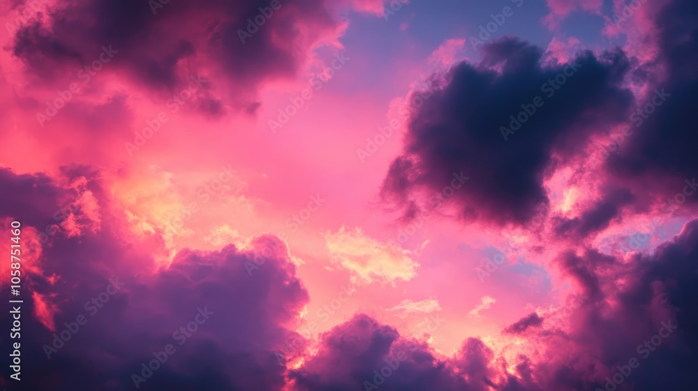 Magenta hues fill the twilight sky blending with clouds during sunset Magenta hues fill the twilight sky blending with clouds during sunset