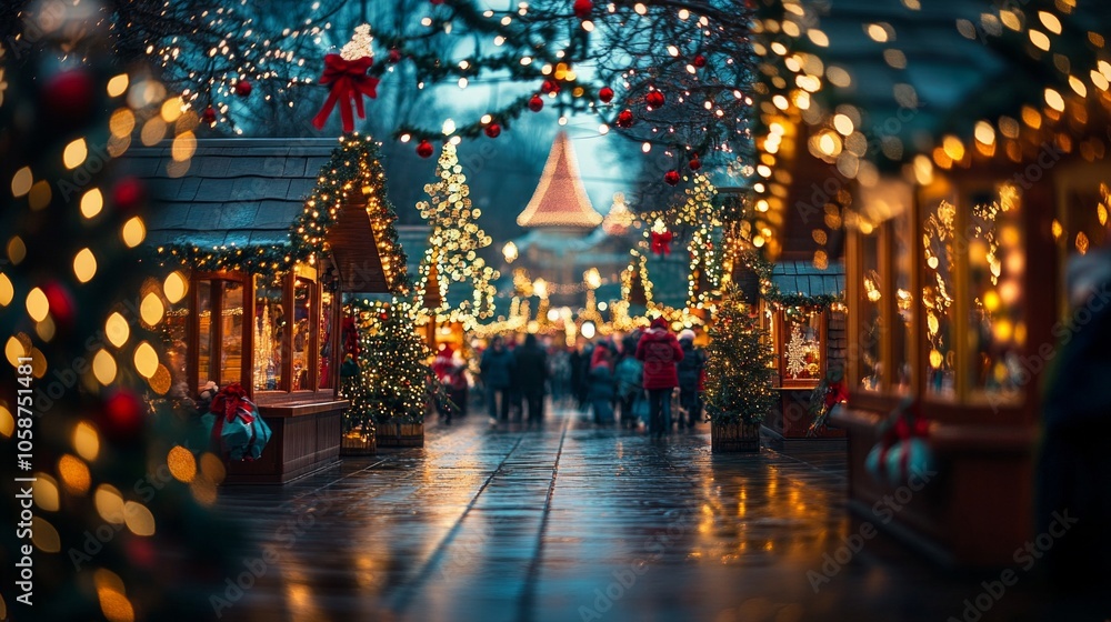 Fototapeta premium A street with Christmas lights and people walking