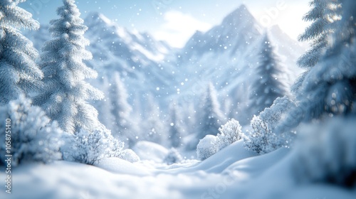 A snowy mountain landscape with tall pine trees and a dusting of fresh snow.