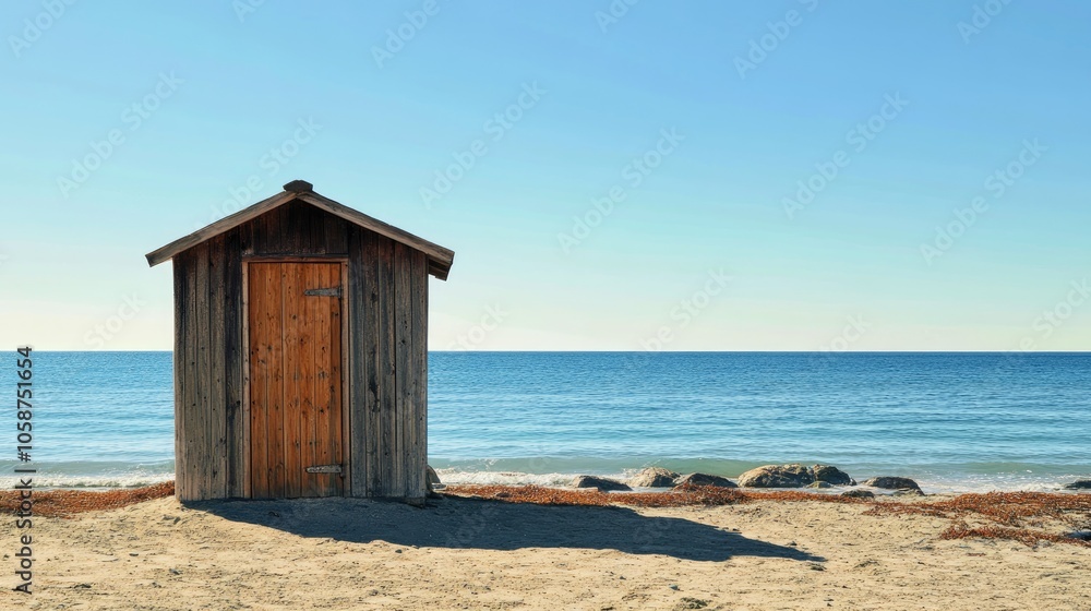 A single wooden cabin door is situated on a peaceful beach A single wooden cabin door is situated on a peaceful beach