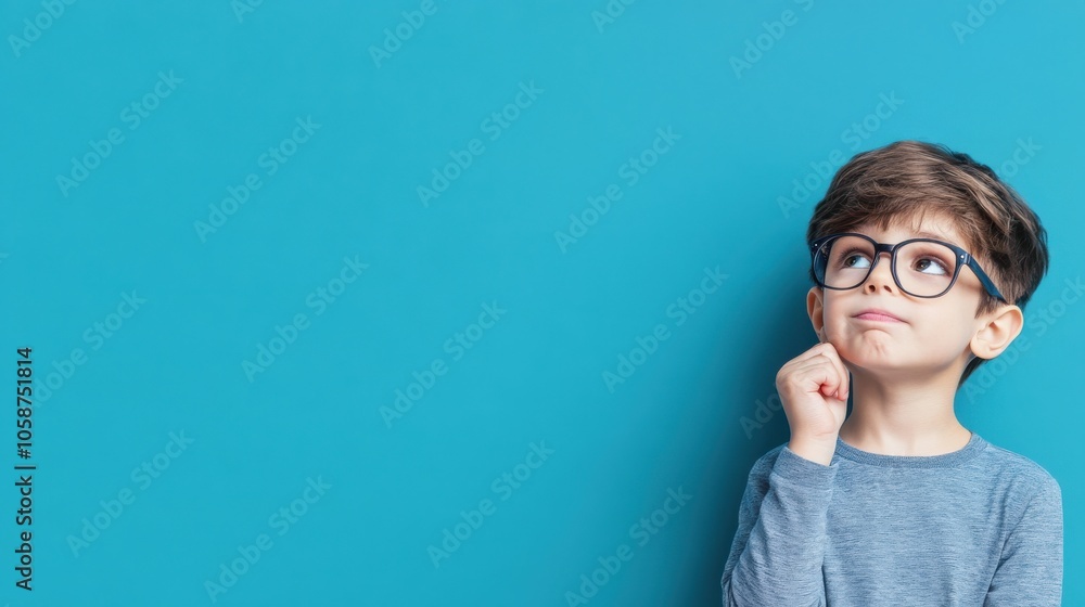 A thoughtful boy in glasses, pondering against a vibrant blue background, showcasing curiosity and imagination. A thoughtful boy in glasses, pondering against a vibrant blue background, showcasing curiosity and imagination.