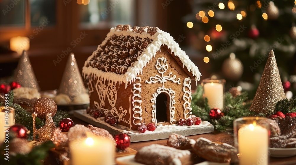 Gingerbread house adorned with icing positioned on a table surrounded by candles and festive decorations creating a cheerful holiday atmosphere Gingerbread house adorned with icing positioned on a table surrounded by candles and festive decorations creating a cheerful holiday atmosphere