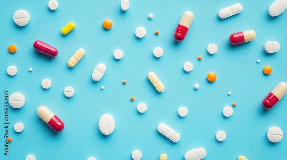 Image Of Pills And Capsules With Medicine Of Different Colors On A Blue Background Image Of Pills And Capsules With Medicine Of Different Colors On A Blue Background