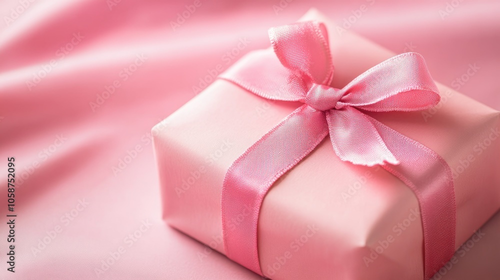 A pink gift wrapped with a pink bow against a soft pink backdrop A pink gift wrapped with a pink bow against a soft pink backdrop