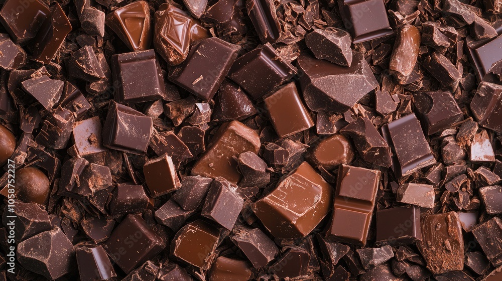 Close up of assorted chocolate chunks in various shapes forming a rich textured backdrop Perfect for food photography Close up of assorted chocolate chunks in various shapes forming a rich textured backdrop Perfect for food photography