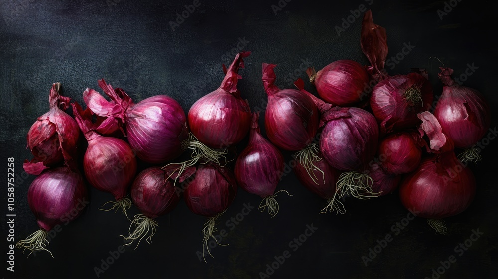 A striking arrangement of vibrant red onions set against a dark background highlighting the complex layers of culinary artistry A striking arrangement of vibrant red onions set against a dark background highlighting the complex layers of culinary artistry