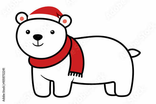  Vector Outline of A cute Polar Bear wearing a Santa clause hat and scarf on white background.