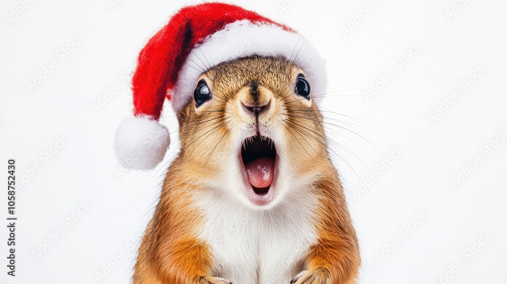 Surprised red squirrel with an open mouth wearing a Santa hat set against a white background Surprised red squirrel with an open mouth wearing a Santa hat set against a white background