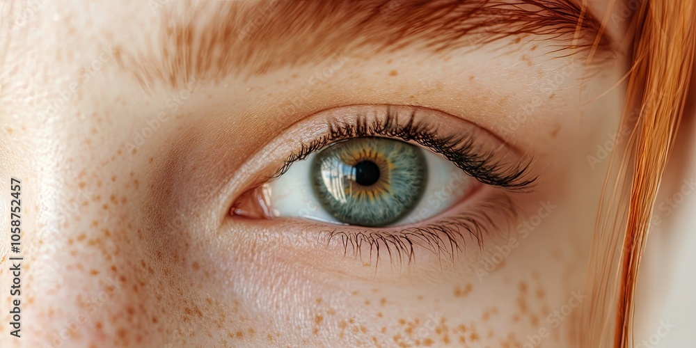 Detailed Perspective of a Womans Eye featuring a Colored Contact Lens against a White Backdrop, Providing Space for Additional Text or Information. Detailed Perspective of a Womans Eye featuring a Colored Contact Lens against a White Backdrop, Providing Space for Additional Text or Information.