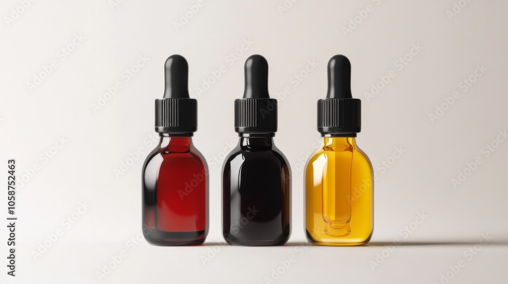 Three bottles of different colored liquids Three bottles of different colored liquids