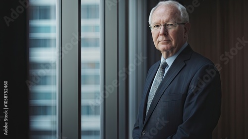 Portrait of a senior business man in a suit, confidently positioned against a window. This business man portrait captures professionalism, with ample space for text and visuals.