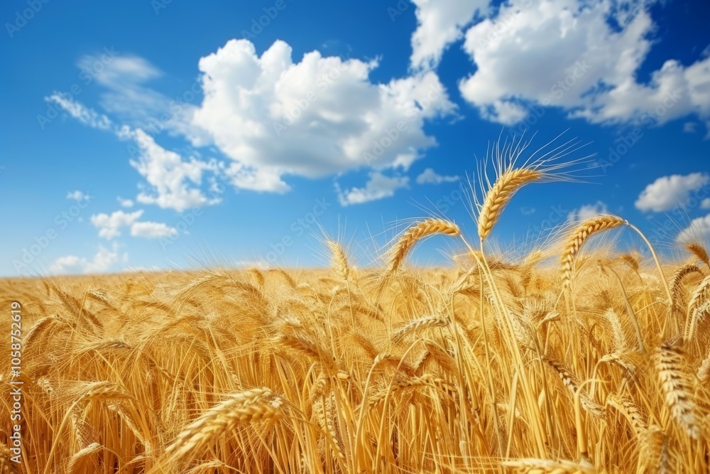 A picturesque golden wheat field under a bright blue sky. Neural network ai generated art A picturesque golden wheat field under a bright blue sky. Neural network ai generated art