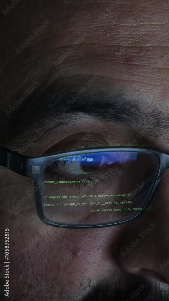 A software developer writing code in close-up. Hacker, cyber security, penetration testing concept. Screen light and computer code reflecting on his face. System administrator. Vertical Format. A software developer writing code in close-up. Hacker, cyber security, penetration testing concept. Screen light and computer code reflecting on his face. System administrator. Vertical Format.