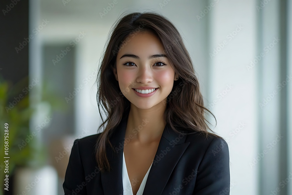 Confident Young Businesswoman Smiling in Office Setting1 Confident Young Businesswoman Smiling in Office Setting1