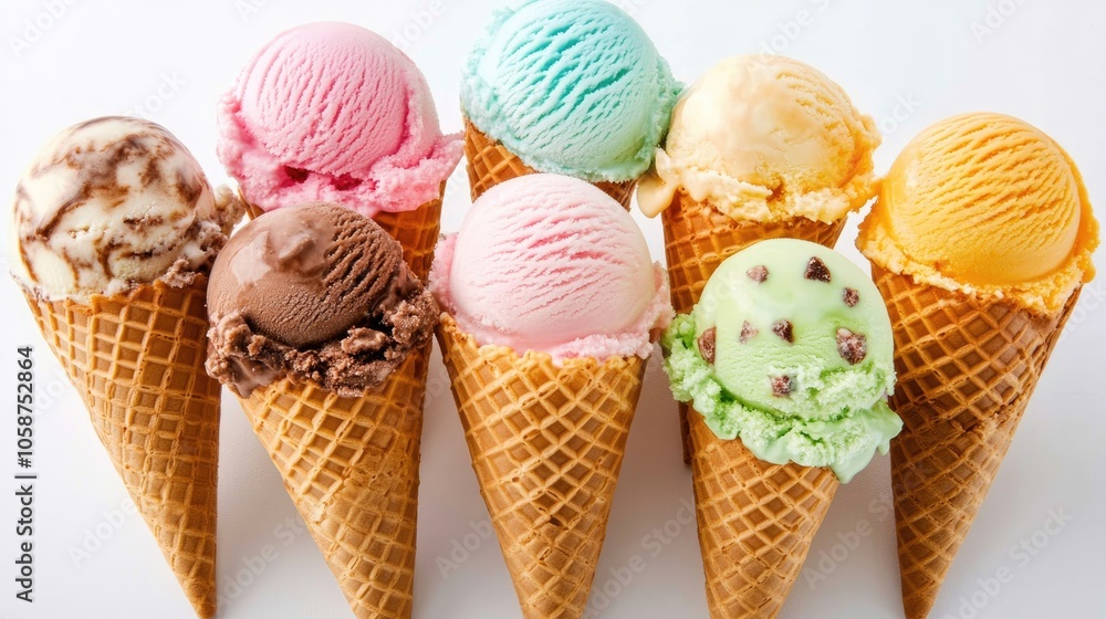 Assorted ice cream cones featuring a variety of flavors Assorted ice cream cones featuring a variety of flavors