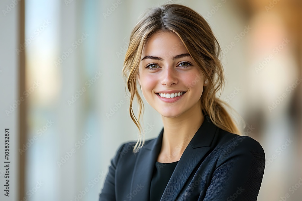 Confident Young Businesswoman Smiling in Office Setting Confident Young Businesswoman Smiling in Office Setting