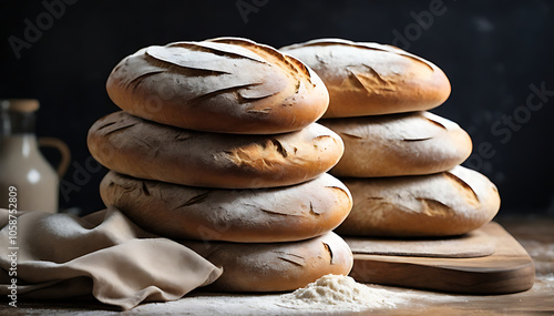 A rustic stack of sourdough bread loaves with a light dusting of flour, capturing artisan craftsmanship and simple goodness.