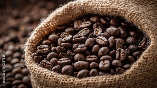 Close up of coffee beans in a sack featuring a vintage rustic theme ideal for organic coffee backgrounds