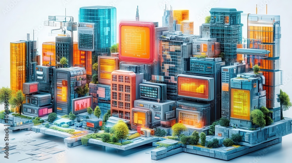 Obraz premium futuristic 3d-rendered icons representing various digital and business concepts, showcasing innovation and technology in a visually appealing and imaginative manner