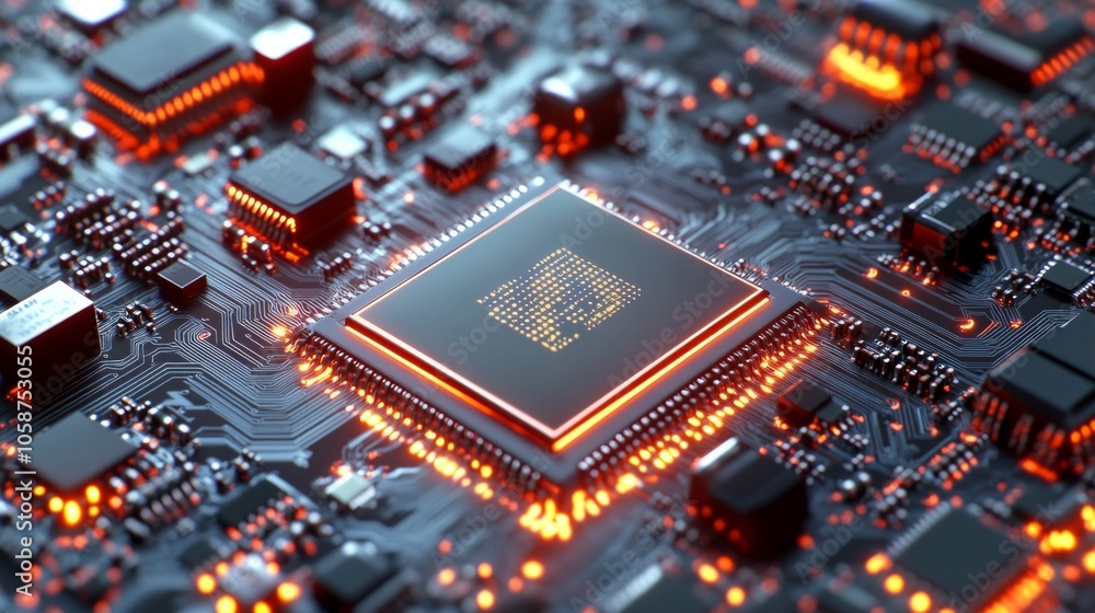 A computer chip with a red glow A computer chip with a red glow
