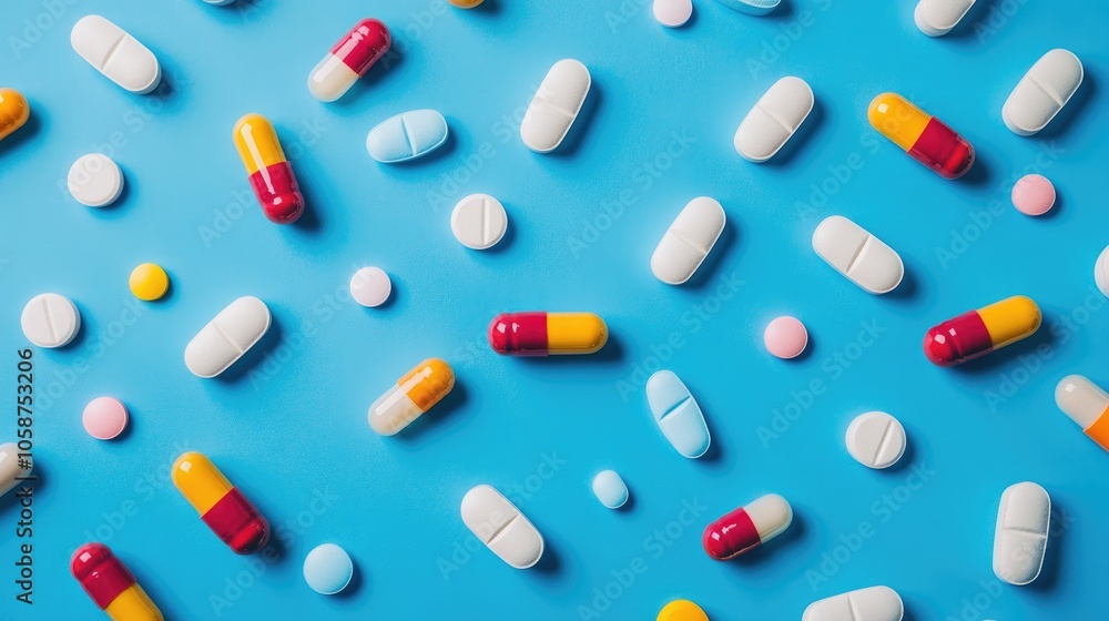 Image Of Pills And Capsules With Medicine Of Different Colors On A Blue Background Image Of Pills And Capsules With Medicine Of Different Colors On A Blue Background