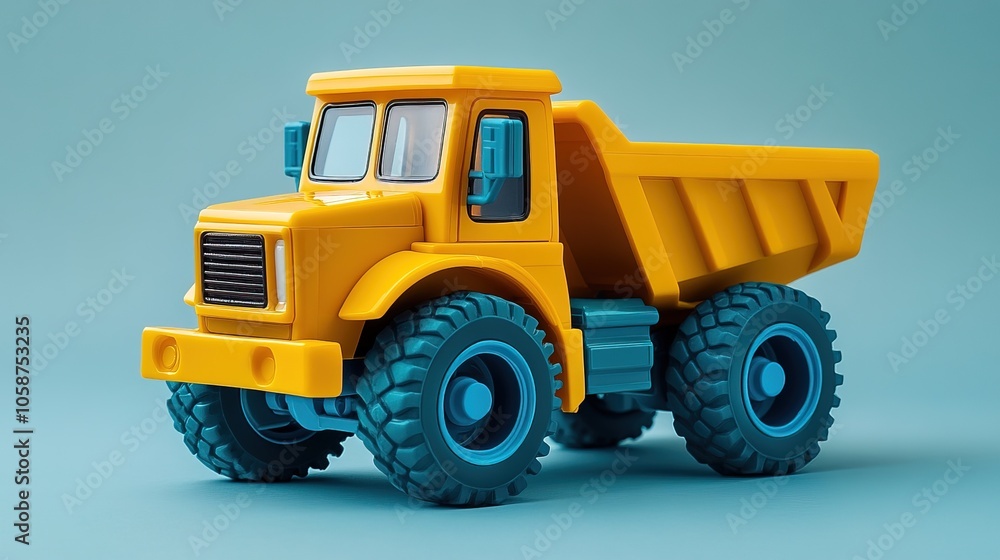 Bright yellow toy dump truck with blue wheels on a plain background Bright yellow toy dump truck with blue wheels on a plain background