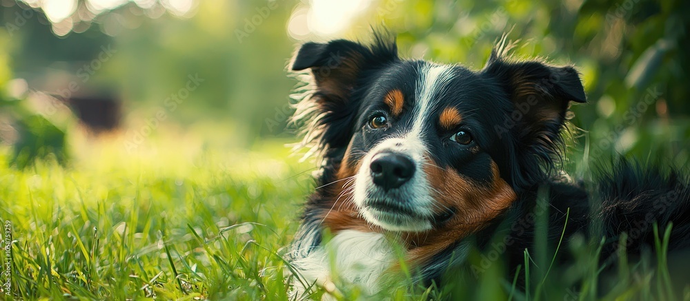 Lovely Dog On Nature In Warm Summer Time On Green Grass Lovely Dog On Nature In Warm Summer Time On Green Grass
