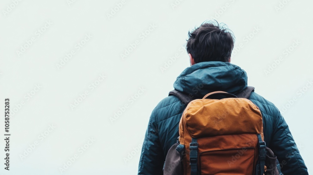 Traveler with a backpack gazing towards empty space on the right Traveler with a backpack gazing towards empty space on the right