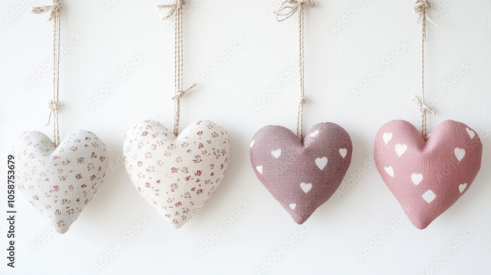 Dreamy ambiance featuring cotton fabric hearts set against a clean white backdrop Dreamy ambiance featuring cotton fabric hearts set against a clean white backdrop