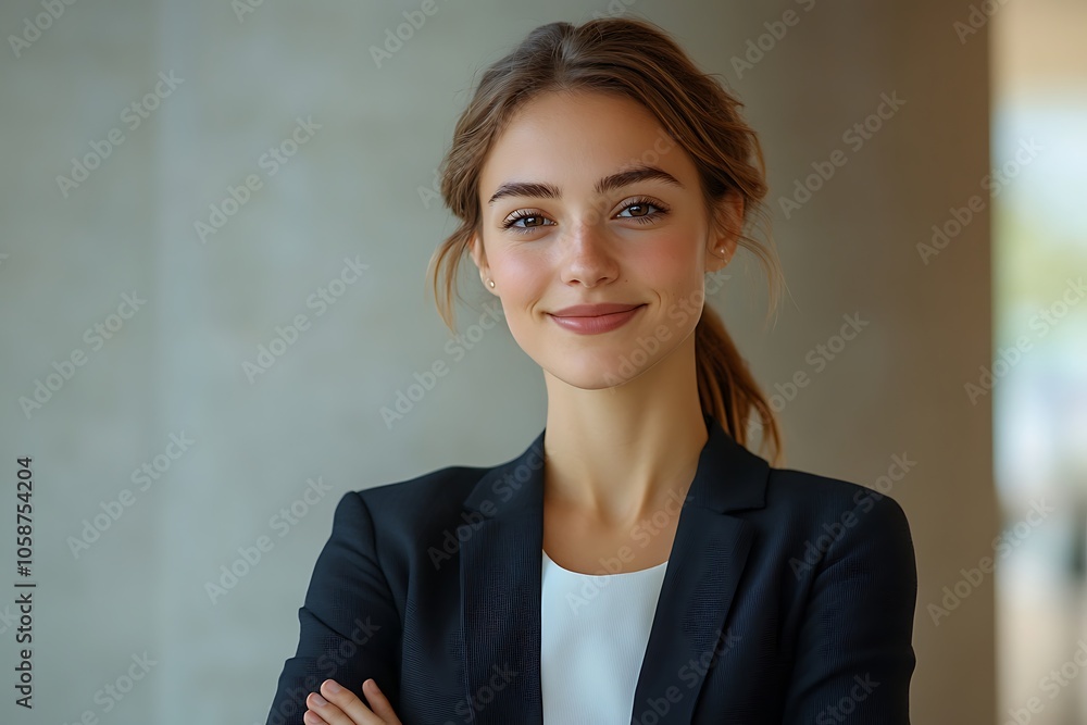 Confident Young Woman in Black Blazer with Warm Smile Confident Young Woman in Black Blazer with Warm Smile