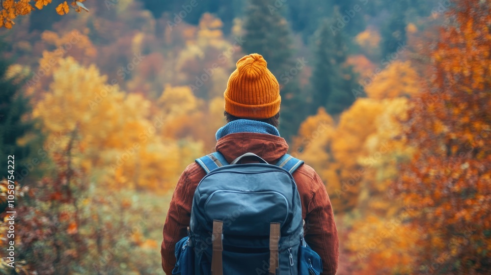 Back view of an adventurous traveler with a backpack amidst a colorful autumn landscape appreciating the breathtaking scenery Image is slightly blurred for a dreamy effect Back view of an adventurous traveler with a backpack amidst a colorful autumn landscape appreciating the breathtaking scenery Image is slightly blurred for a dreamy effect