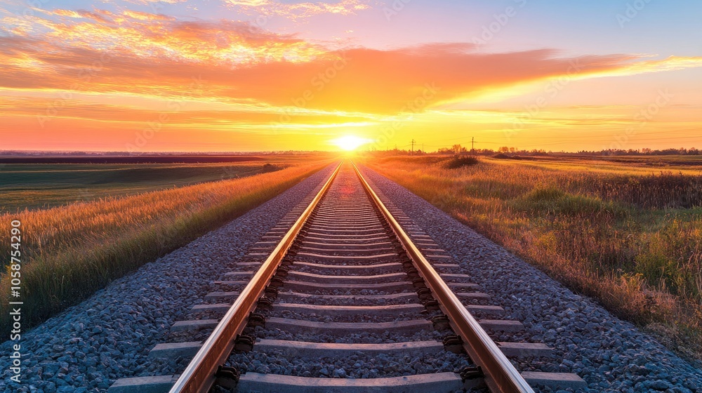 Sunset over vacant railroad tracks extending toward the horizon Selective focus Space available for text Sunset over vacant railroad tracks extending toward the horizon Selective focus Space available for text