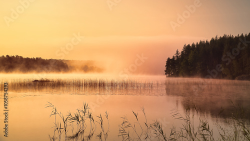 Sunrise with fog forming over a lake in Sweden, at dawn. Romantic silence