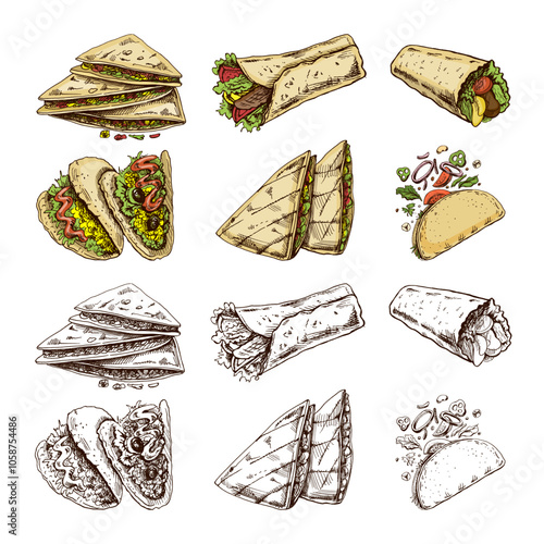 Hand-drawn colored and monochrome set of realistic mexican dishes and products. Vintage sketch drawings of Latin American cuisine. Vector ink illustration. Mexican culture. Latin America.