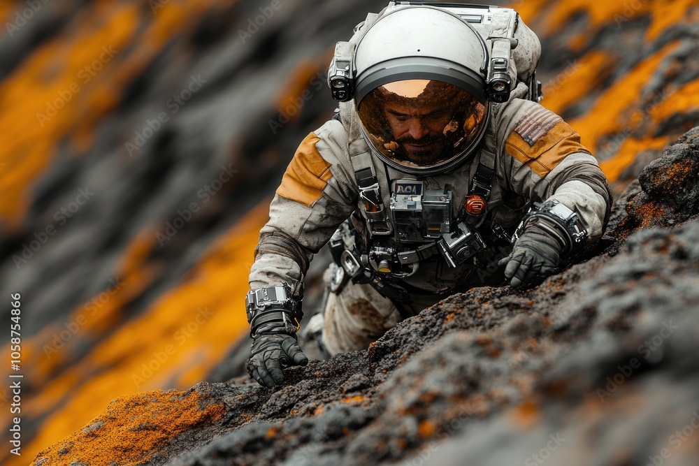 Astronaut climbing a rocky surface with orange moss. Astronaut climbing a rocky surface with orange moss.