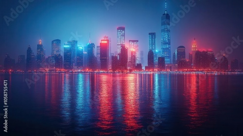 futuristic city skyline illuminated by neon lights, showcasing towering skyscrapers and advanced technology, depicting a vibrant nightlife and a thriving urban landscape