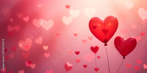 Valentine's Day background on a peach-colored surface with copy space. Cute red and pink hearts are flying in motion, with a soft tone and a cute style for a love concept