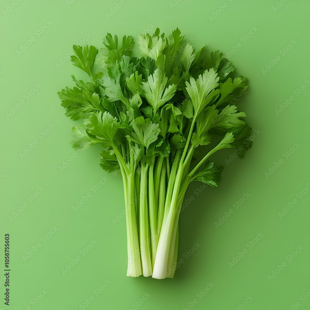Fresh Green Celery Photo on Green Background