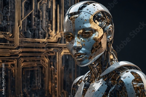 Cybernetic robot with a metallic face and blue eyes, embodying AI, robotics, and futuristic design in a highly technological, dark background.