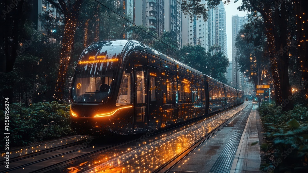 Fototapeta premium futuristic cityscape featuring smart transportation systems and innovative technologies, with sleek vehicles and green spaces intertwined, showcasing the essence of urban innovation and sustainability