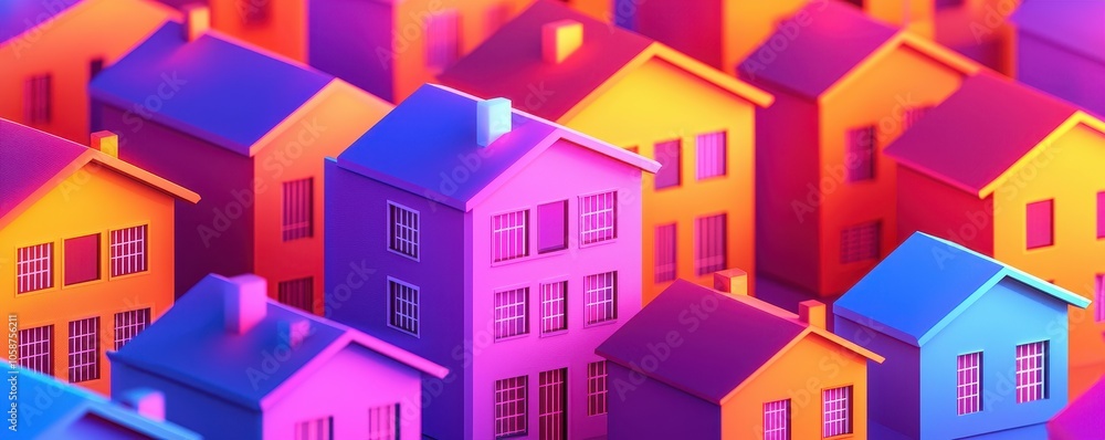 A vibrant collection of miniature houses featuring bold colors, creating an eye-catching, playful urban landscape. A vibrant collection of miniature houses featuring bold colors, creating an eye-catching, playful urban landscape.