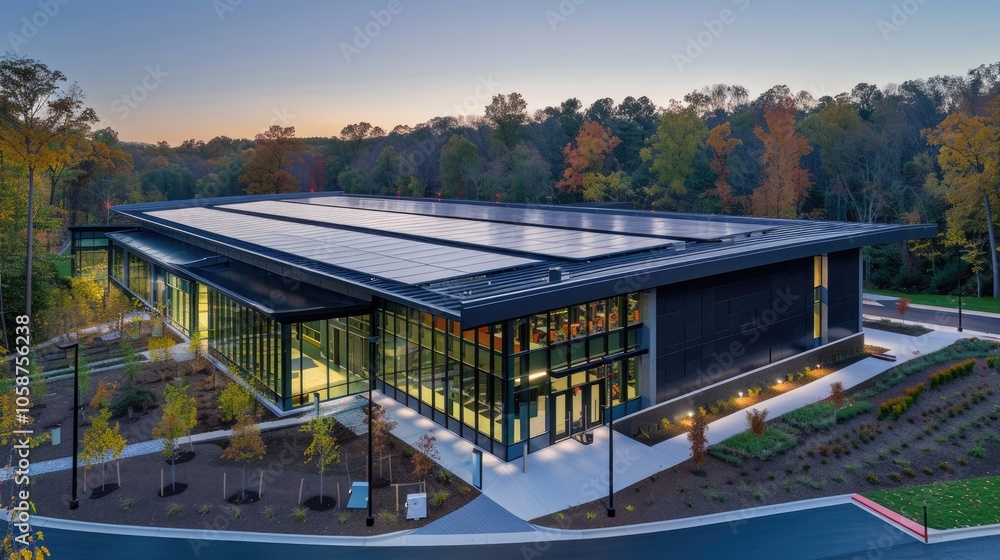 Obraz premium Wide Aerial Shot of a Sustainable Data Center Featuring a Rooftop Solar Array, Representing a Commitment to Environmental Responsibility and Innovative Energy Solutions in the Tech Industry