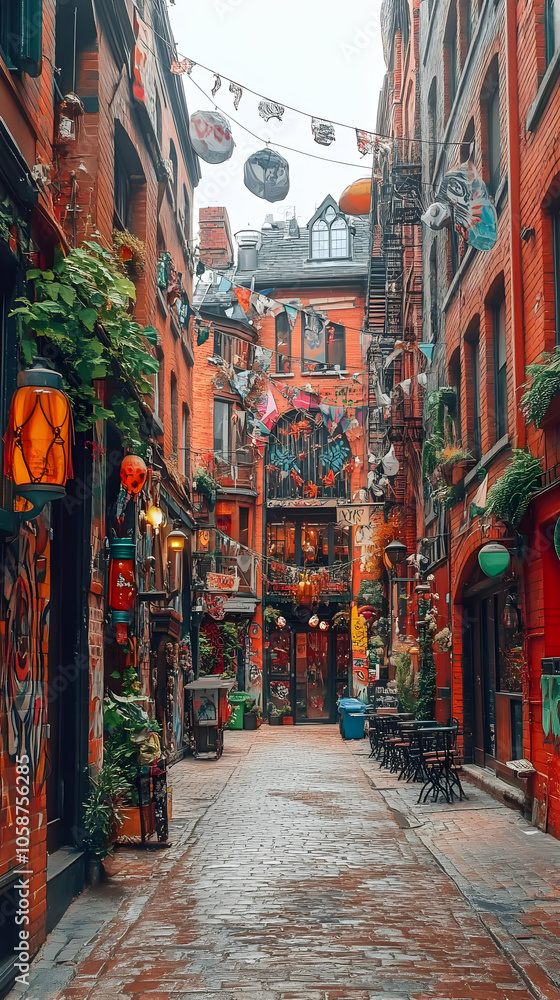 Fototapeta premium Photo - Vibrant Graffiti Alleyway in Toronto with Brick Buildings and Festive Decor