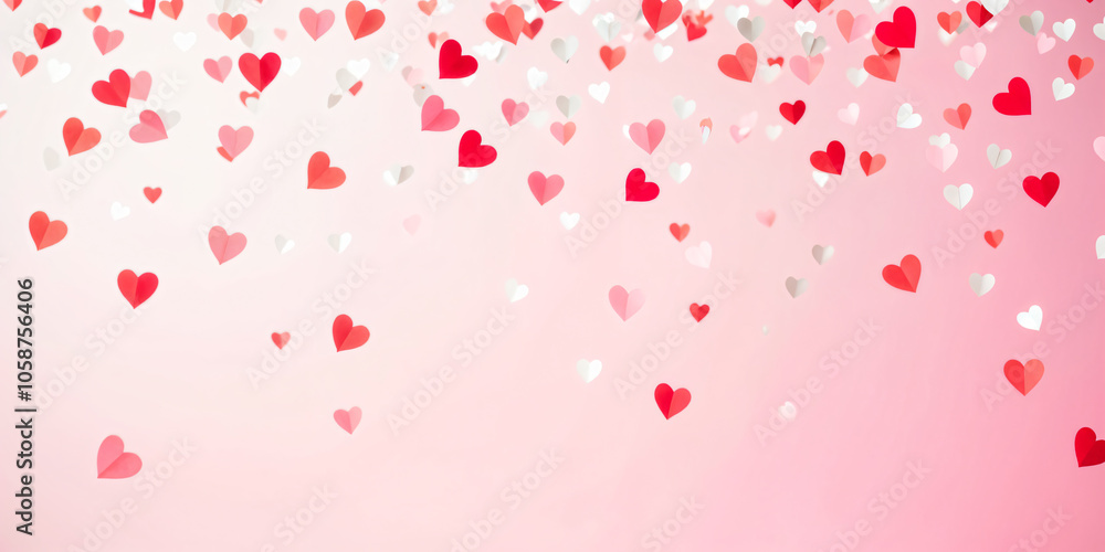 Valentine's Day background on a peach-colored surface with copy space. Cute red and pink hearts are flying in motion, with a soft tone and a cute style for a love concept Valentine's Day background on a peach-colored surface with copy space. Cute red and pink hearts are flying in motion, with a soft tone and a cute style for a love concept
