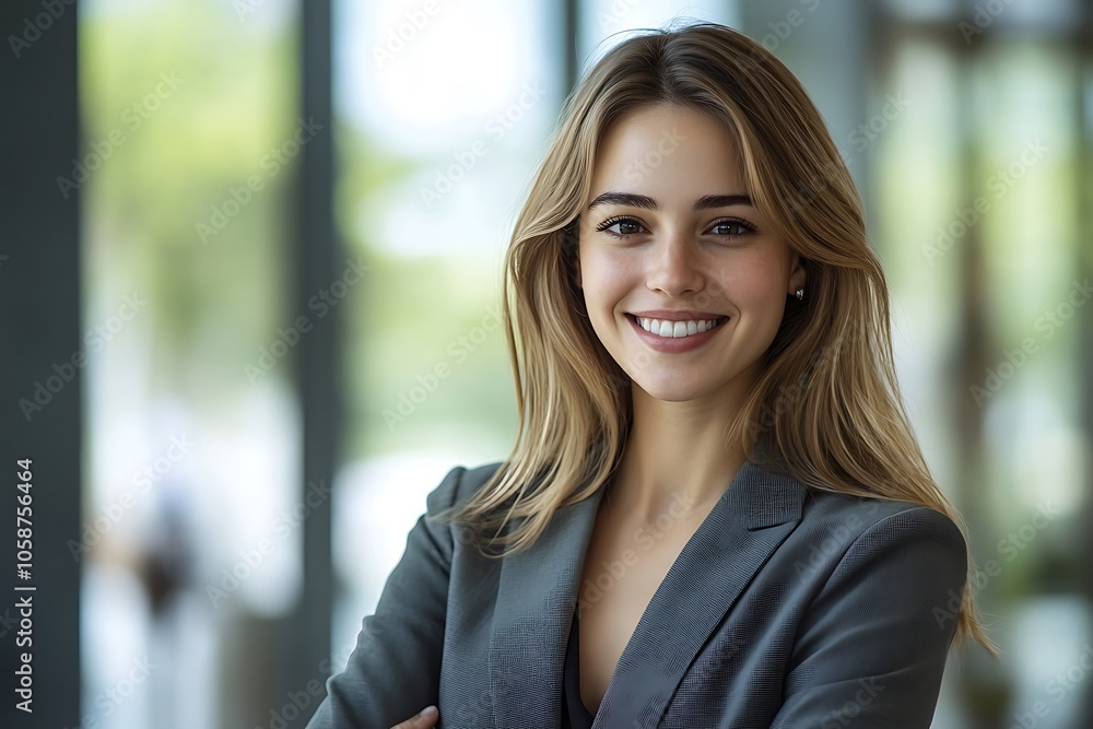 Elegant Businesswoman Smiling Confidently in Modern Office Setting Elegant Businesswoman Smiling Confidently in Modern Office Setting