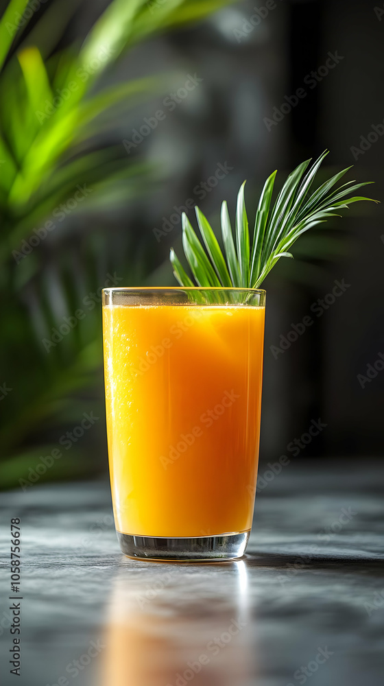 Refreshing Tropical Orange Juice Photo with Green Palm Leaf Garnish Refreshing Tropical Orange Juice Photo with Green Palm Leaf Garnish
