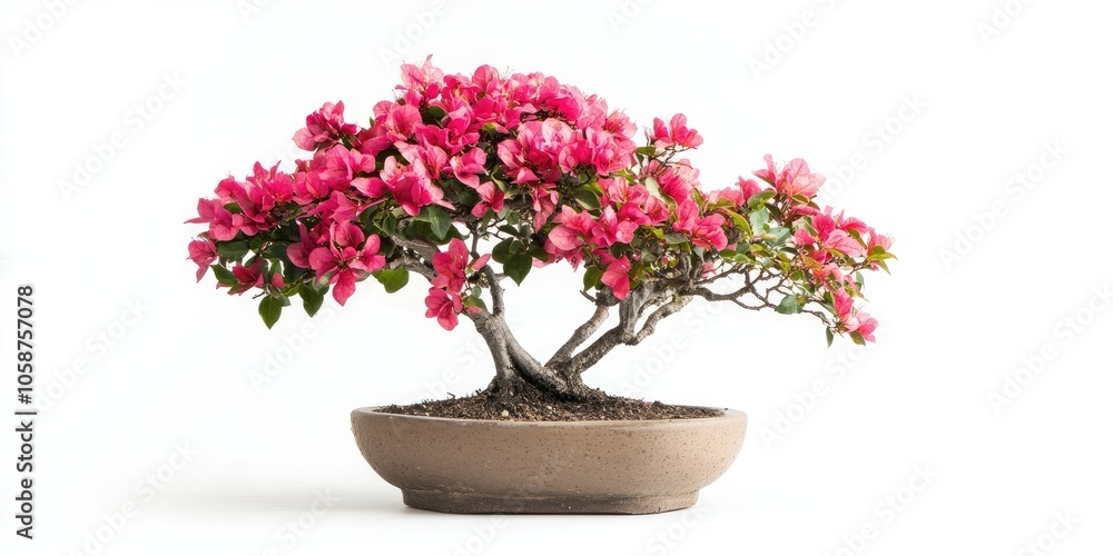 A lifelike bougainvillea bonsai is positioned in a planter, showcased against a completely white background, highlighting its striking features and details. A lifelike bougainvillea bonsai is positioned in a planter, showcased against a completely white background, highlighting its striking features and details.
