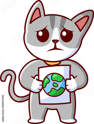 grey cat carrying the slogan save the world Vector Illustration Icon. Flat Cartoon Style