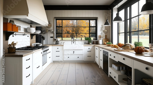 Modern white kitchen interior with large windows, showing autumn scenery. Wooden countertops, pumpkins, bread, herbs, and kitchen utensils create a warm, inviting atmosphere.